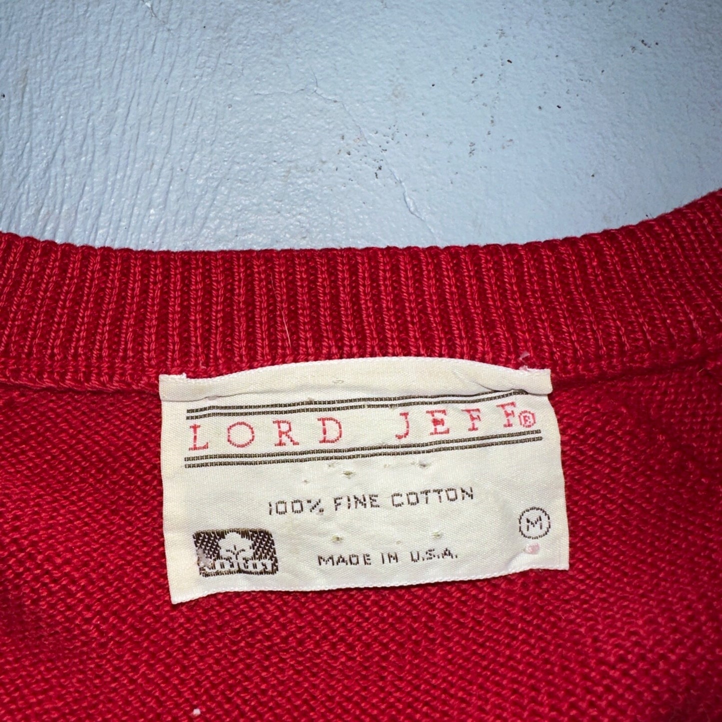 Lord Jeff VTG Medium M Pull Over Sweater Cotton Red USA 1970s 70s V Neck