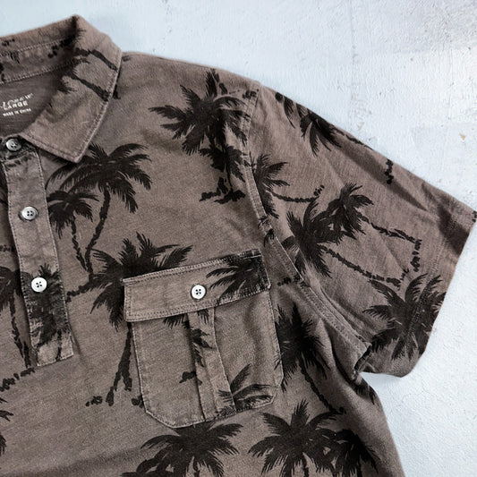 J CREW Polo Shirt Mens Large Gray Short Sleeve Pocket Tropical Palm Trees