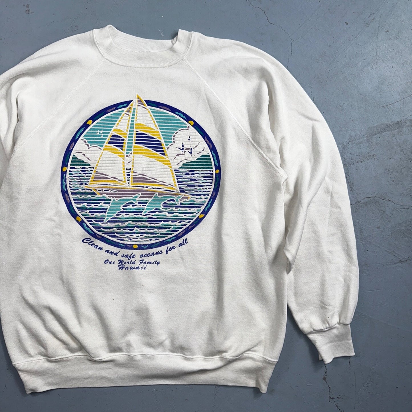 Ocean Keep Clean Hawaii Sail Boat VTG 80s Crewneck Sweatshirt White Earth Peace