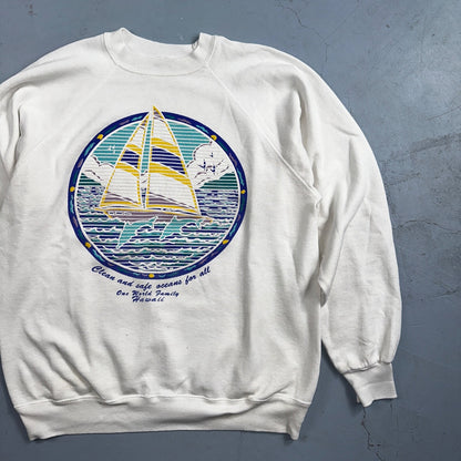 Ocean Keep Clean Hawaii Sail Boat VTG 80s Crewneck Sweatshirt White Earth Peace