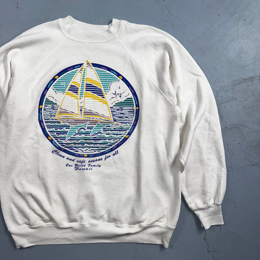 Ocean Keep Clean Hawaii Sail Boat VTG 80s Crewneck Sweatshirt White Earth Peace