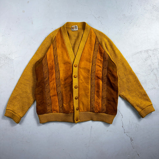 Vintage 60s Grant Crest Wool Cardigan Sweater M Yellow Mustard Suede Rockabilly