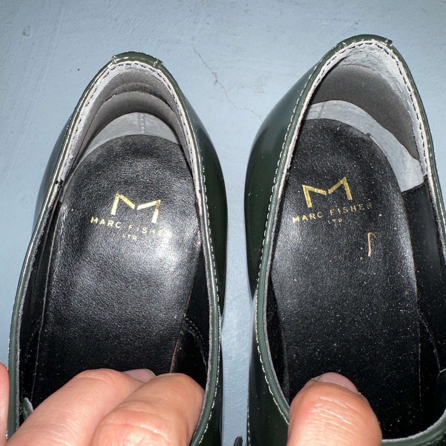 Marc Fisher Women's 10 Green Patent Leather Dress Shoes Boots Heel LACE MLETTA