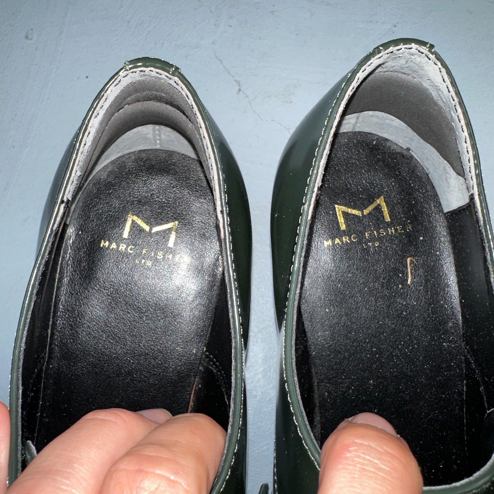 Marc Fisher Women's 10 Green Patent Leather Dress Shoes Boots Heel LACE MLETTA