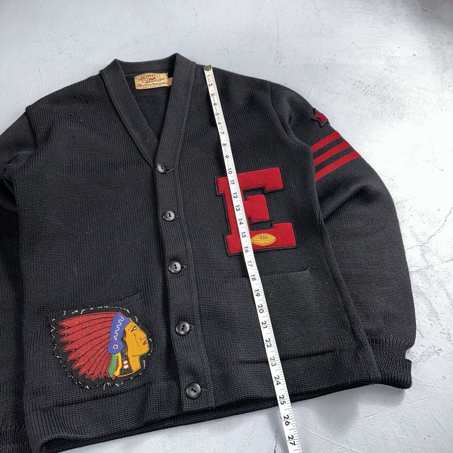 VTG Jack Frost 40s Wool Varsity Sweater Cardigan Indian Black E Evans Letterman