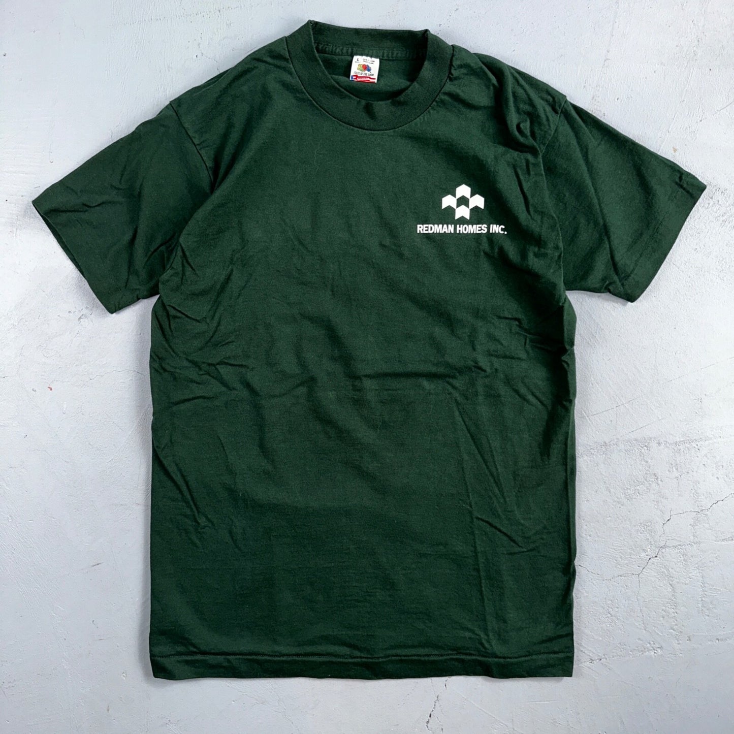 Fruit of the Loom USA Flag VTG T Shirt Redman Home Construction Large Green