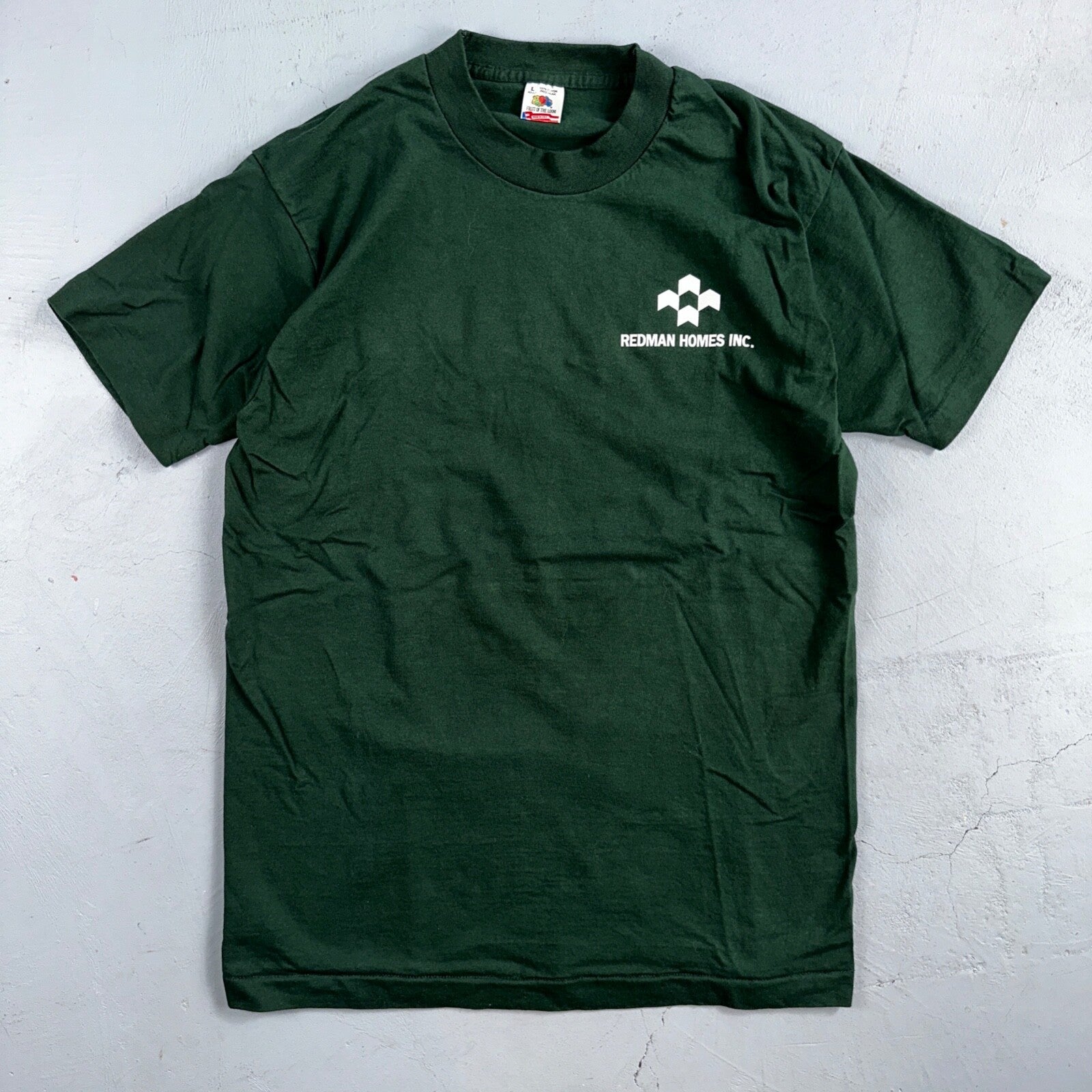 Fruit of the Loom USA Flag VTG T Shirt Redman Home Construction Large Green