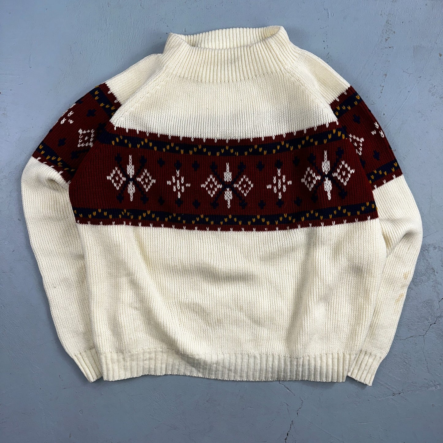 VTG 70s JC Penney Retro Mens Large Nordic Snowflake Ski Sweater White Holiday
