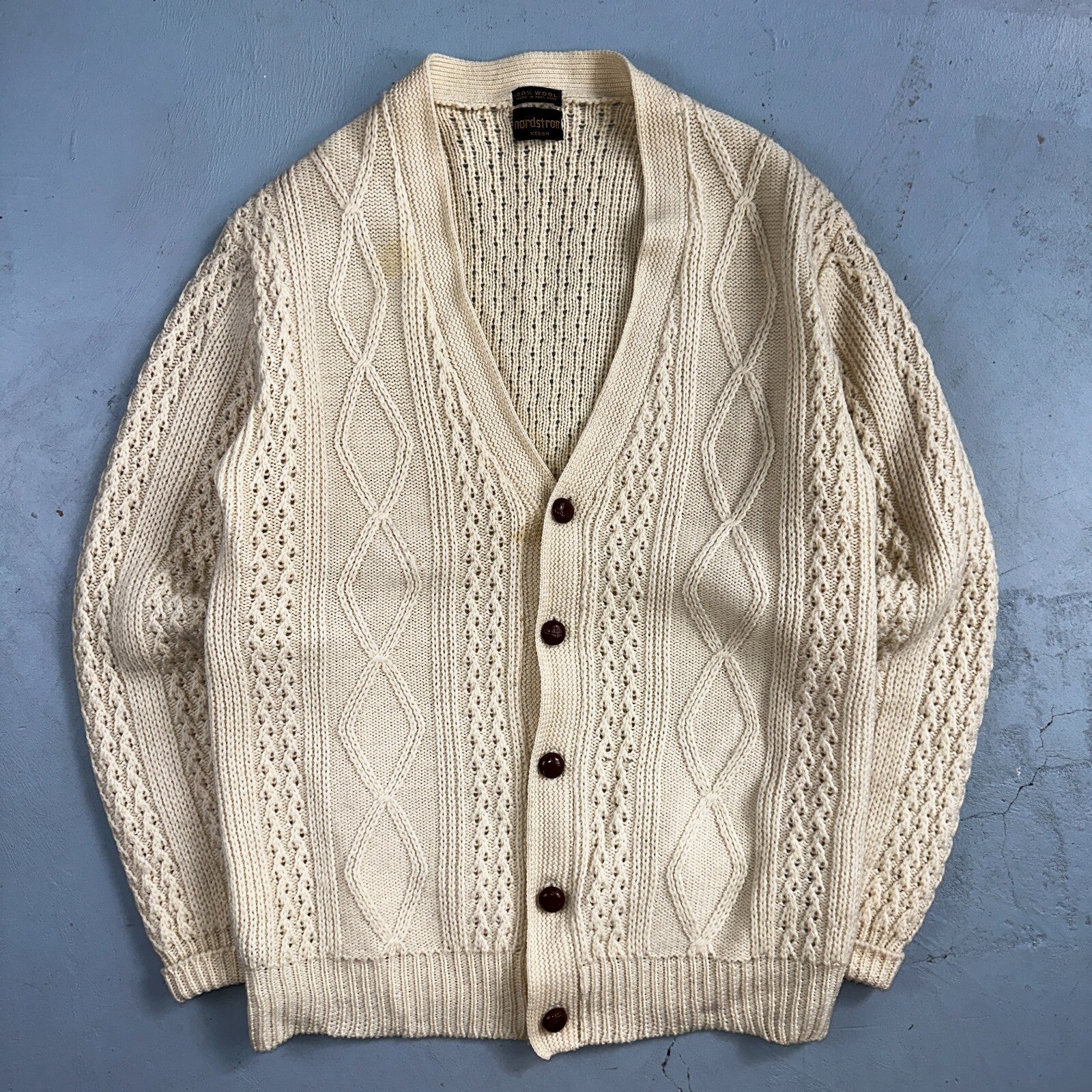 Vintage 100% Wool Fisherman Knit Men’s M Cardigan Nordstrom 1970s 70s Ivory