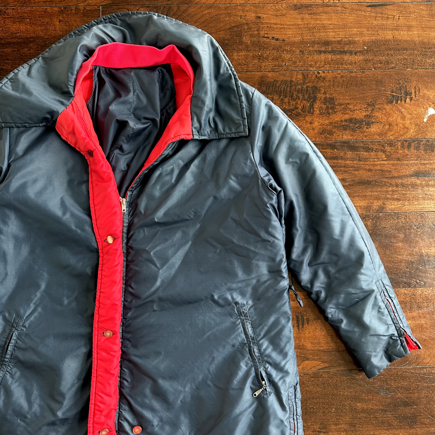 Vintage 50s Comfy Puffer Coat Jacket Womens Metallic Talon Zipper 60s Navy