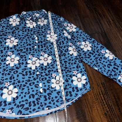 Blue Flowers Multicolor Long Sleeve Collared Button Down Hawaii Shirt Womens M