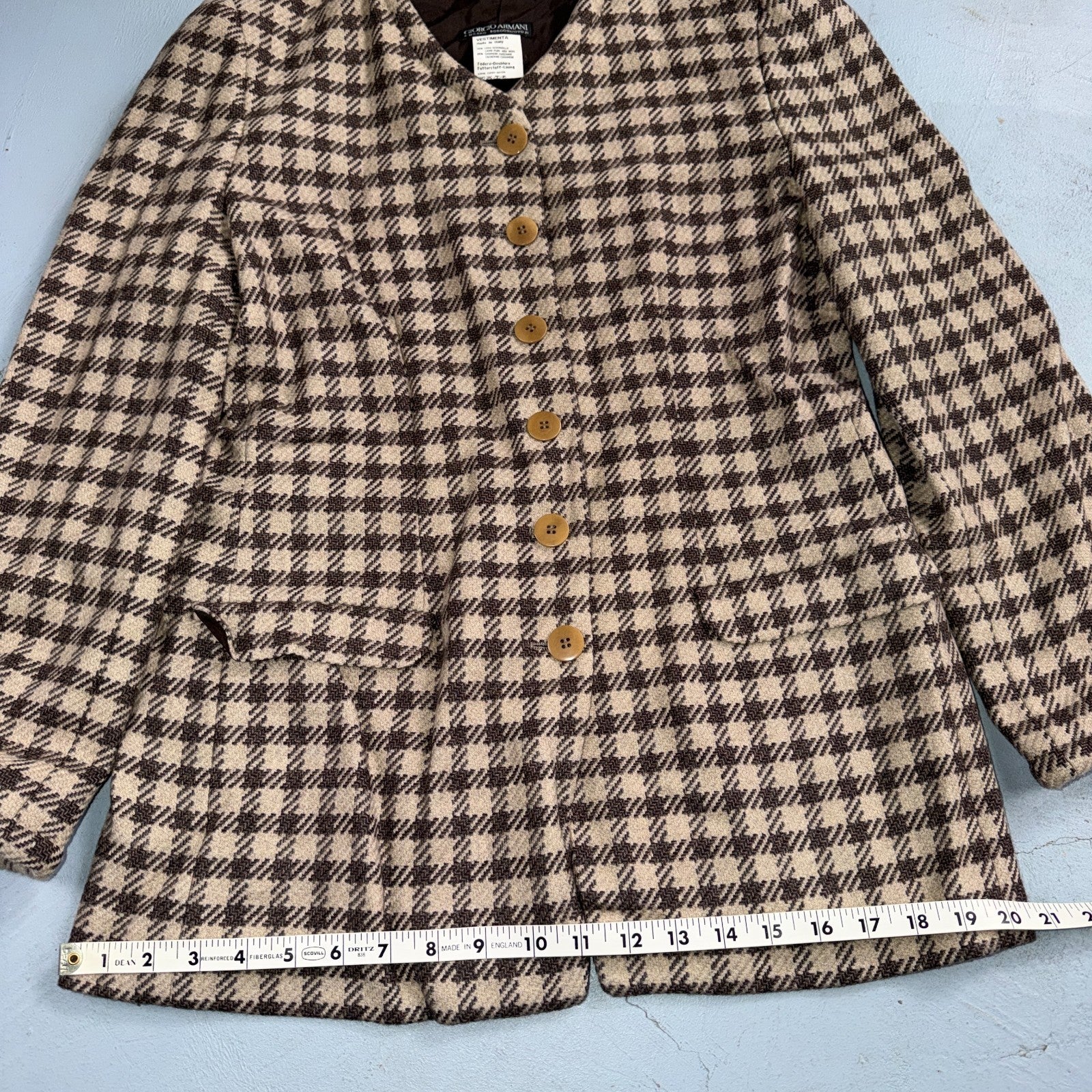 Giorgio Armani Jacket Women 42 VTG Brown Houndstooth V Neck Italy Cashmere Wool