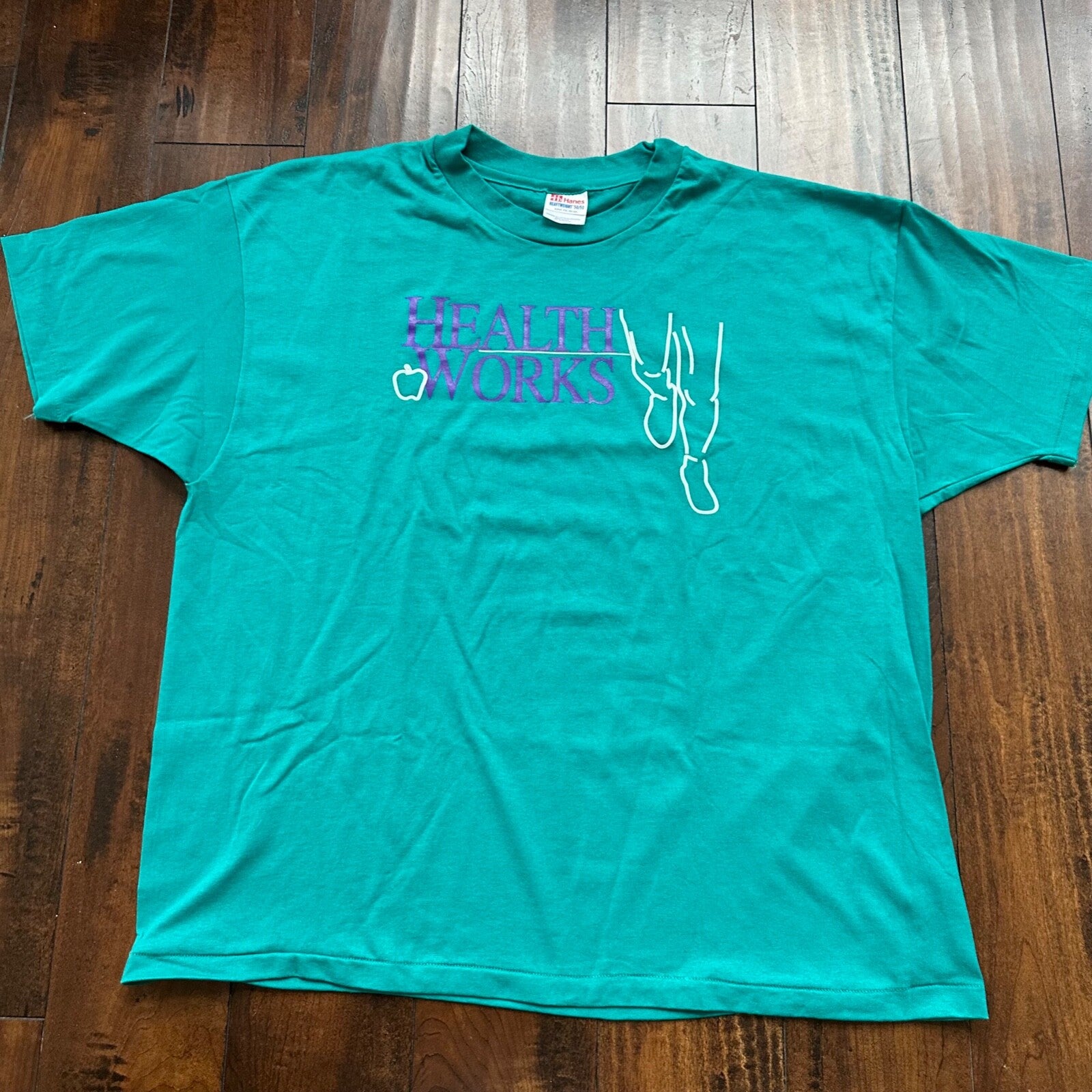 Health Works Gym Single Stitch XXL Vintage T Shirt Apple Big Cool Green Hanes