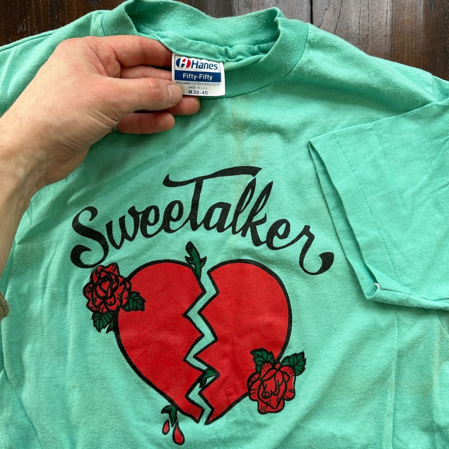 Sweet Talker Heartbreak Vintage T Shirt 80s Green Single Stitch Love Roses Cool