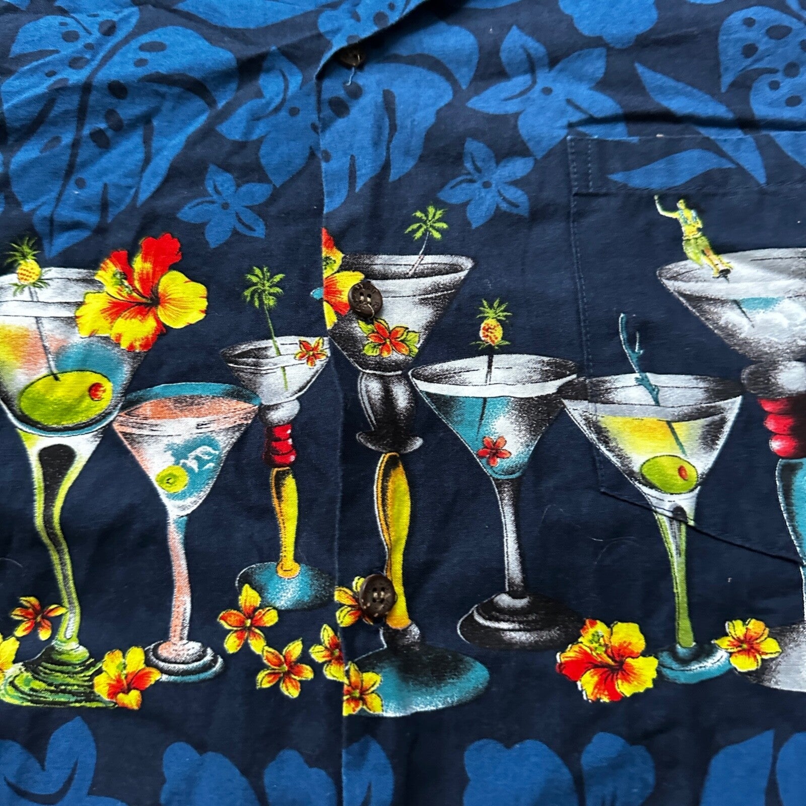 Vintage RJC Hawaiian Shirt XL Mens Drinks Short Sleeve Tropical USA Made Blue