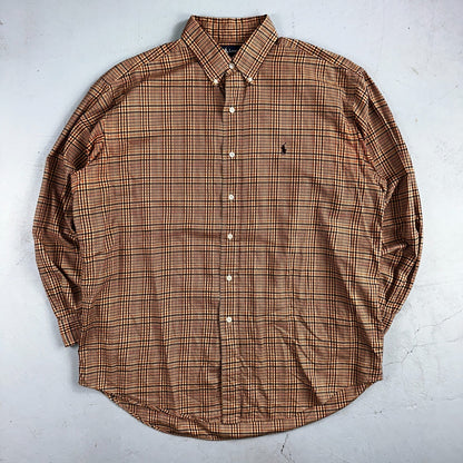 Ralph Lauren Blake 100% Cotton Plaid Shirt Size Large Polo Button Down Brown