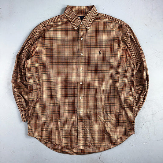 Ralph Lauren Blake 100% Cotton Plaid Shirt Size Large Polo Button Down Brown
