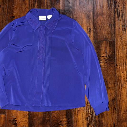 Vtg 80s Blair Women's Top Button Down Shirt Long Sleeve Blue Floral Size L