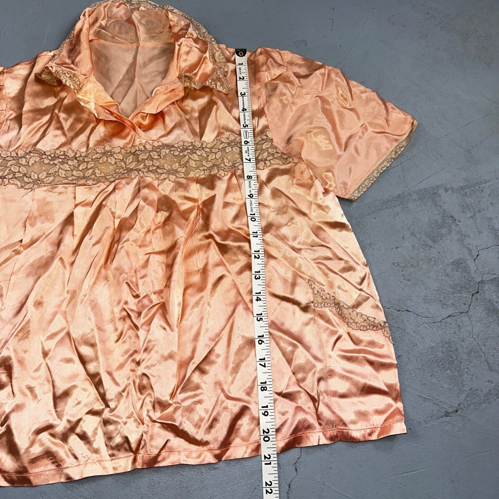 VTG Orange Pink 1970s Lingerie Slip Dress Sleepwear Full Sweep Crop Lace Shirt