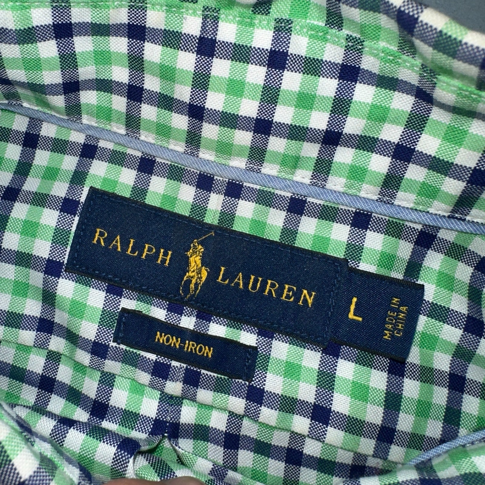 Ralph Lauren Shirt Mens Large Green Blue Tattersall Button Up Preppy Non Iron