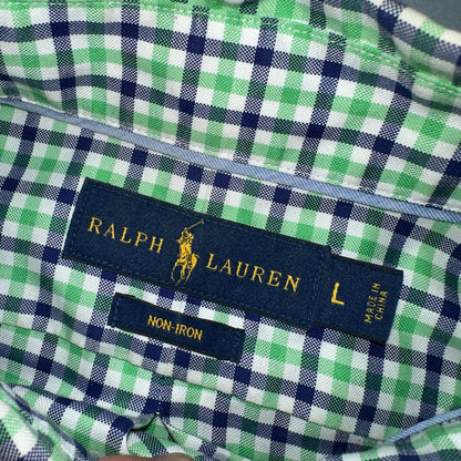 Ralph Lauren Shirt Mens Large Green Blue Tattersall Button Up Preppy Non Iron