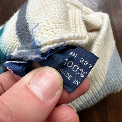 Vintage Hermans 100% Wool Beanie Winter Ski Hat Unisex White Blue Stripe Cap