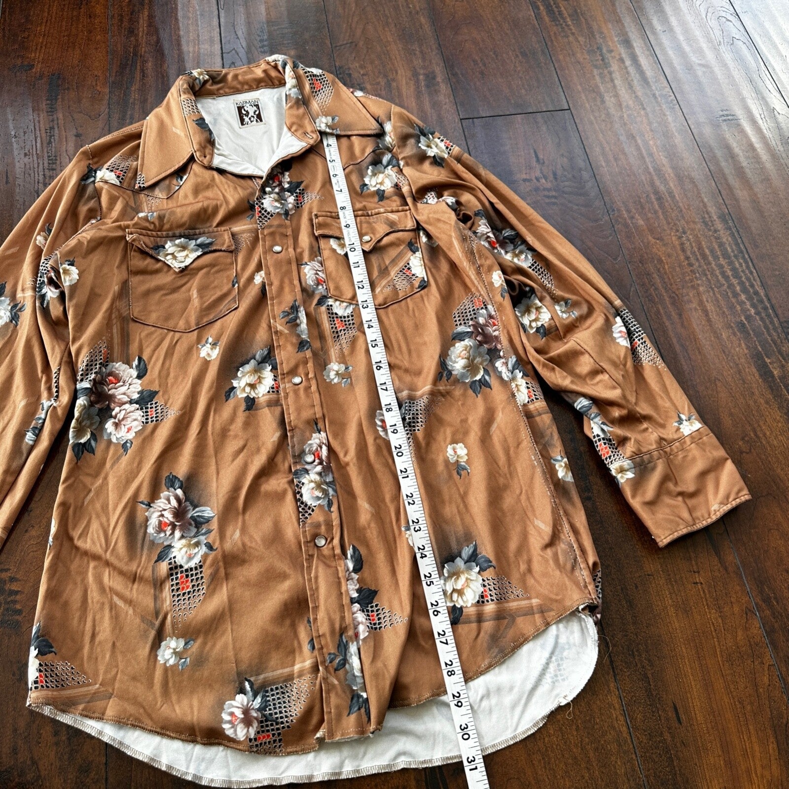 VTG 80s Karman Plaid Shirt Mens Extra Long Tail Pearl Snap Button Up Poly