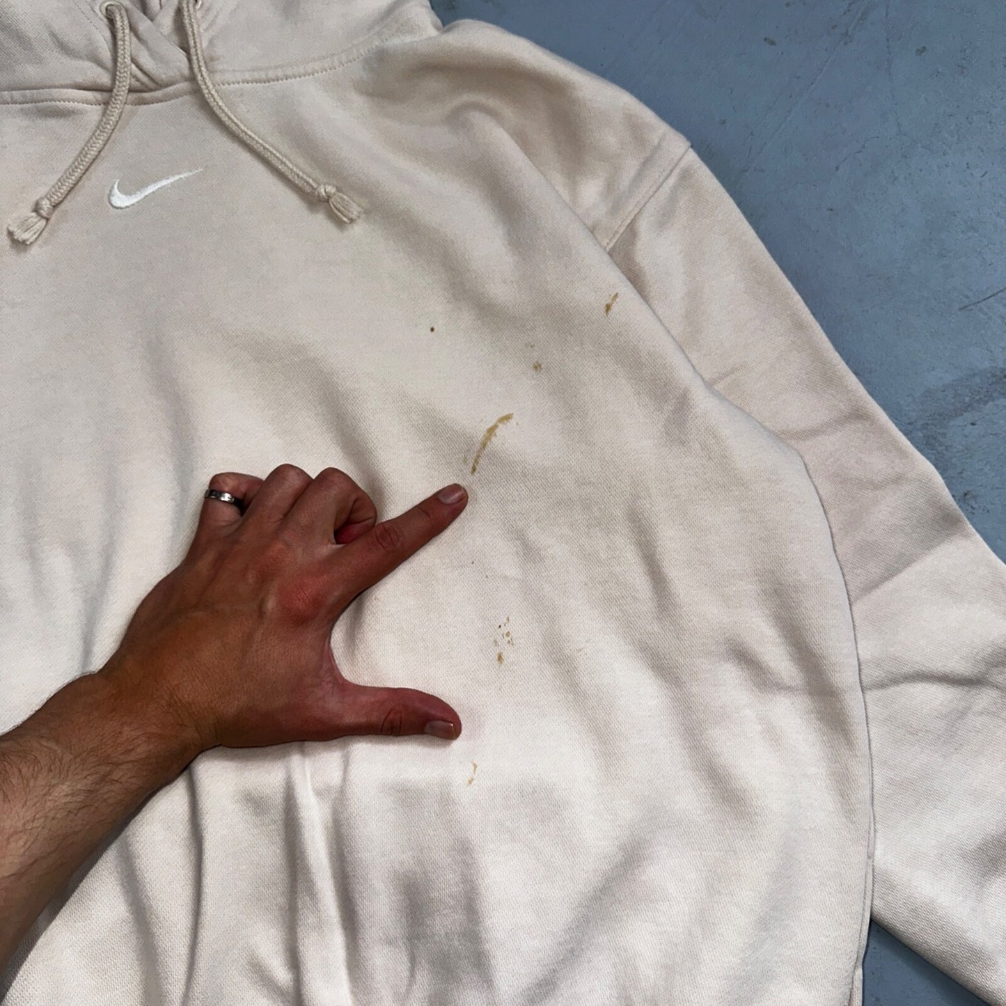 Nike Sweatshirt Womens XS Center Check Hoodie Beige White Tag Swoosh Stained