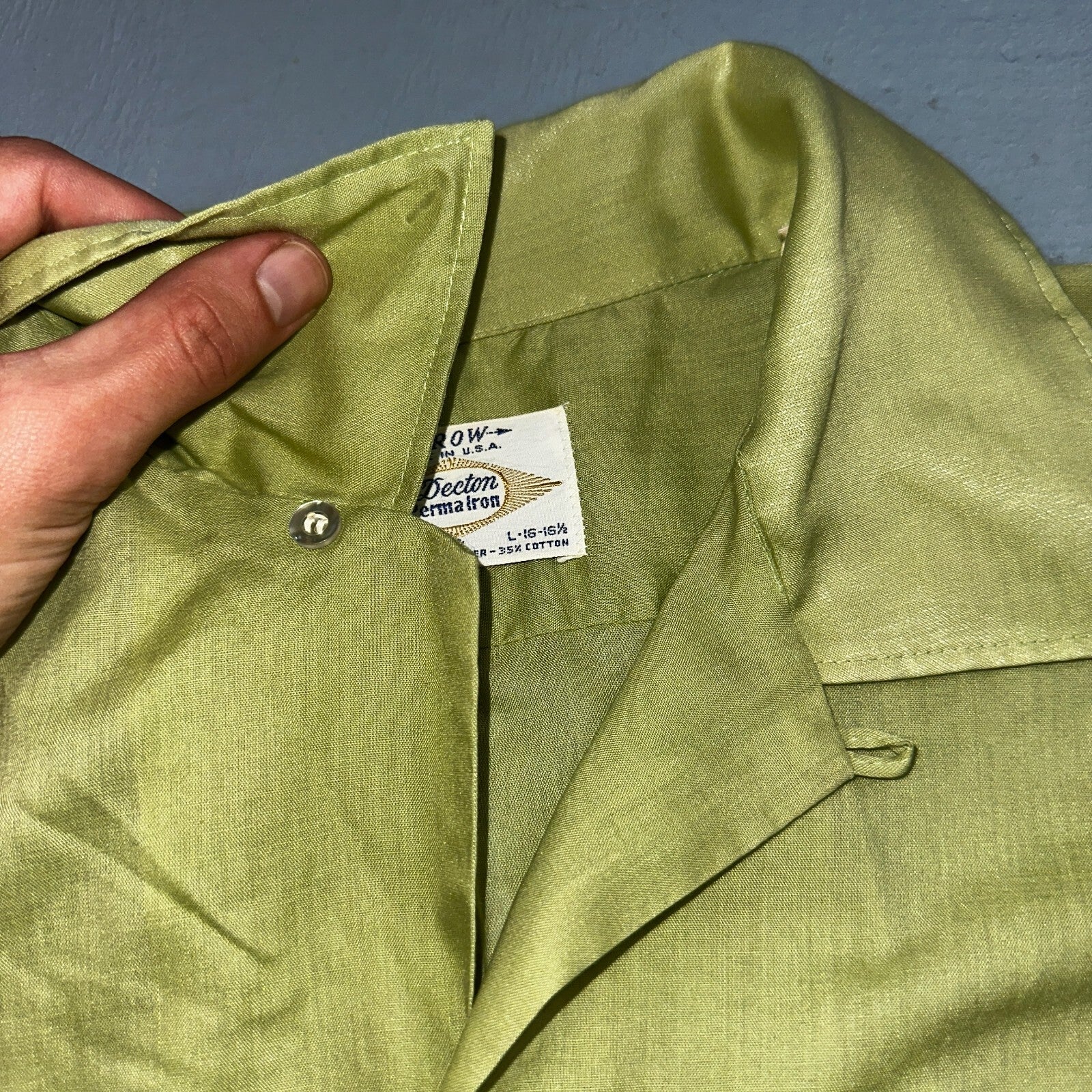 1960s Arrow Green Short Sleeve Button Down Shirt Rockabilly Sanforized Dacron
