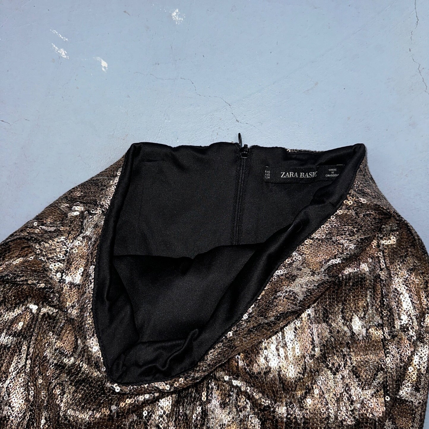 Zara Woman Metallic Gold Snake Print Sequined Ruched Mini Skirt Sz XS Short