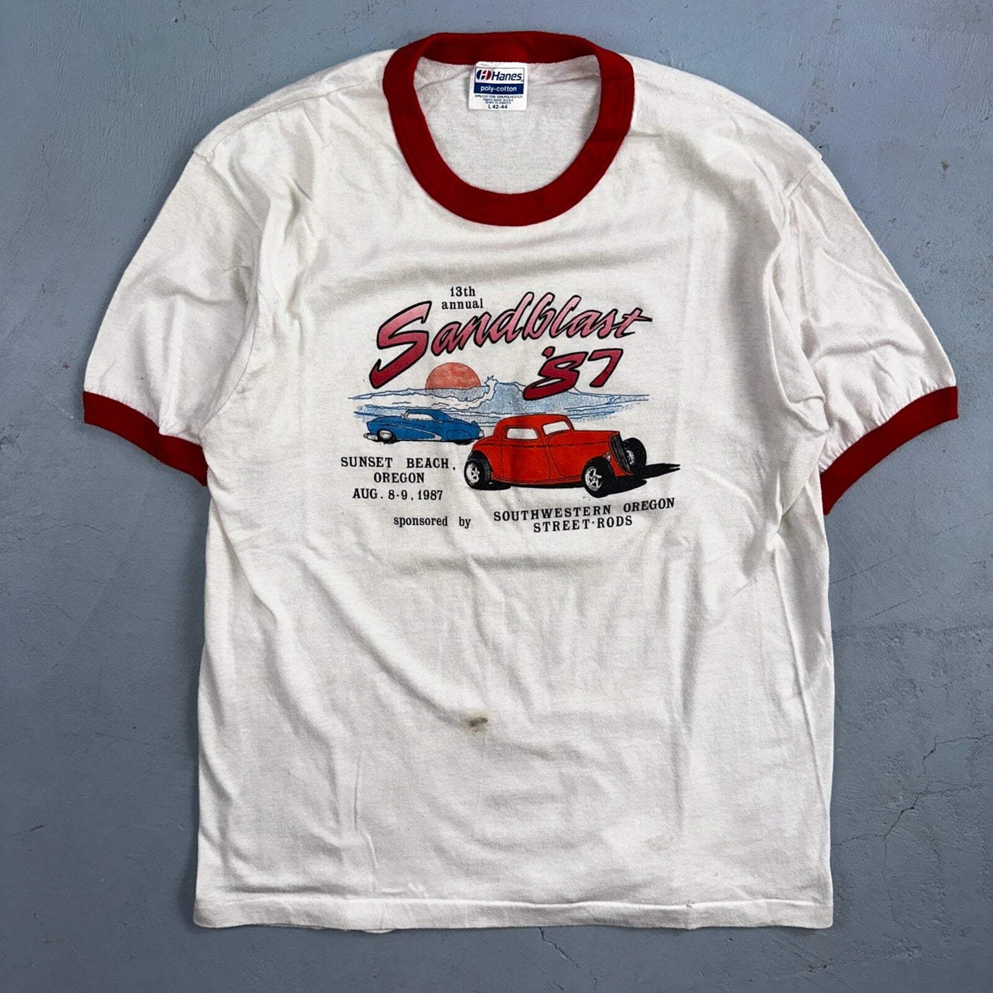 Cars Sandblast 1987 VTG T Shirt Sunset Beach Street Rods Ringer Oregon Graphic