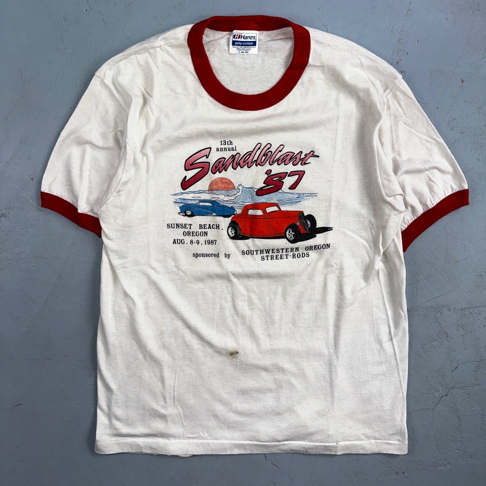 Cars Sandblast 1987 VTG T Shirt Sunset Beach Street Rods Ringer Oregon Graphic