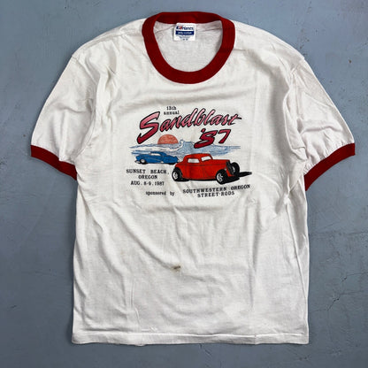 Cars Sandblast 1987 VTG T Shirt Sunset Beach Street Rods Ringer Oregon Graphic