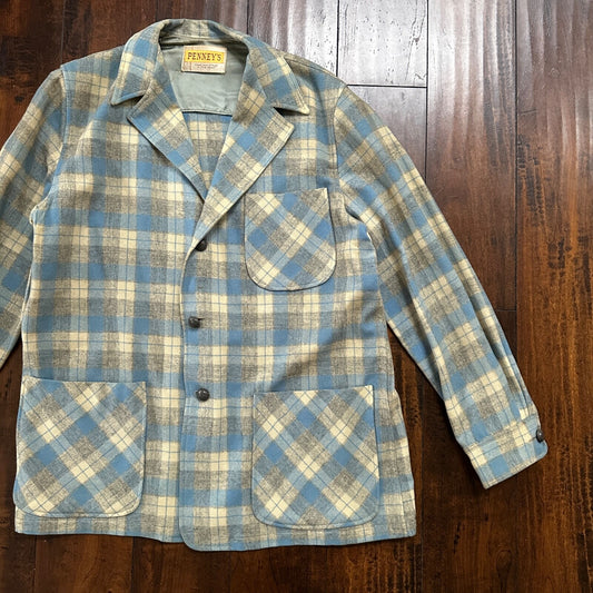 VTG 50s Penney's Chore Coat Shadow Plaid Rockabilly Wool Flannel Shirt 1950s