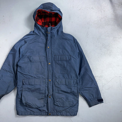 LL Bean Parka VTG Jacket Mens M Baxter State  Maine Coat Plaid Lined Blue Wool
