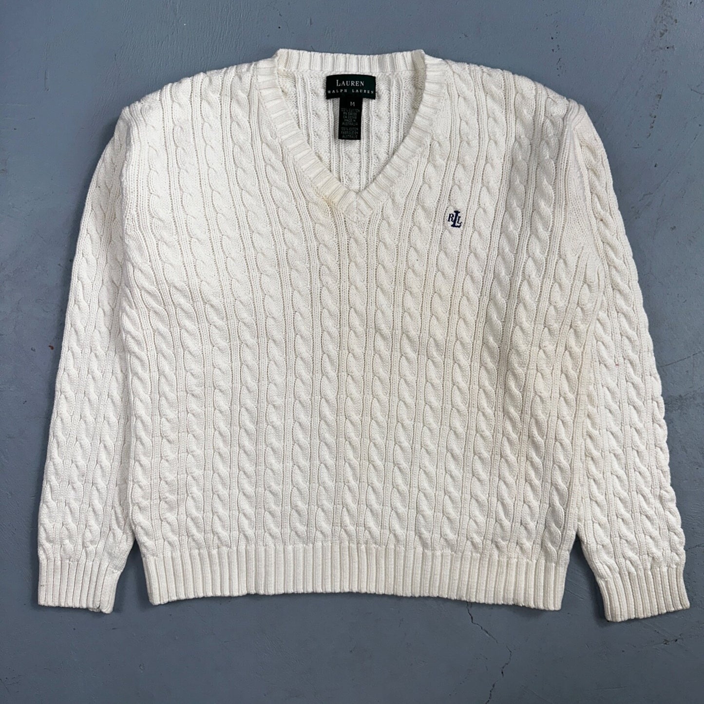 Lauren Ralph Lauren White Cable Knit V Neck Pullover Sweater Womens M Cotton