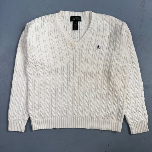 Lauren Ralph Lauren White Cable Knit V Neck Pullover Sweater Womens M Cotton
