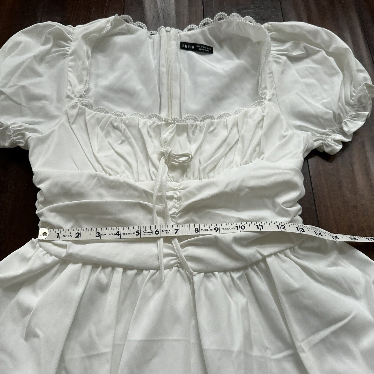 SHEIN MOD Ruched Bust Shirred Back Puff Sleeve Front Dress White Sexy Summer