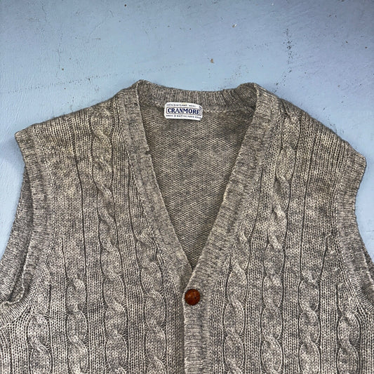 VTG Cranmore 100% Shetland Wool Mens Sweater Vest Size XL Gray Cable Knit Button