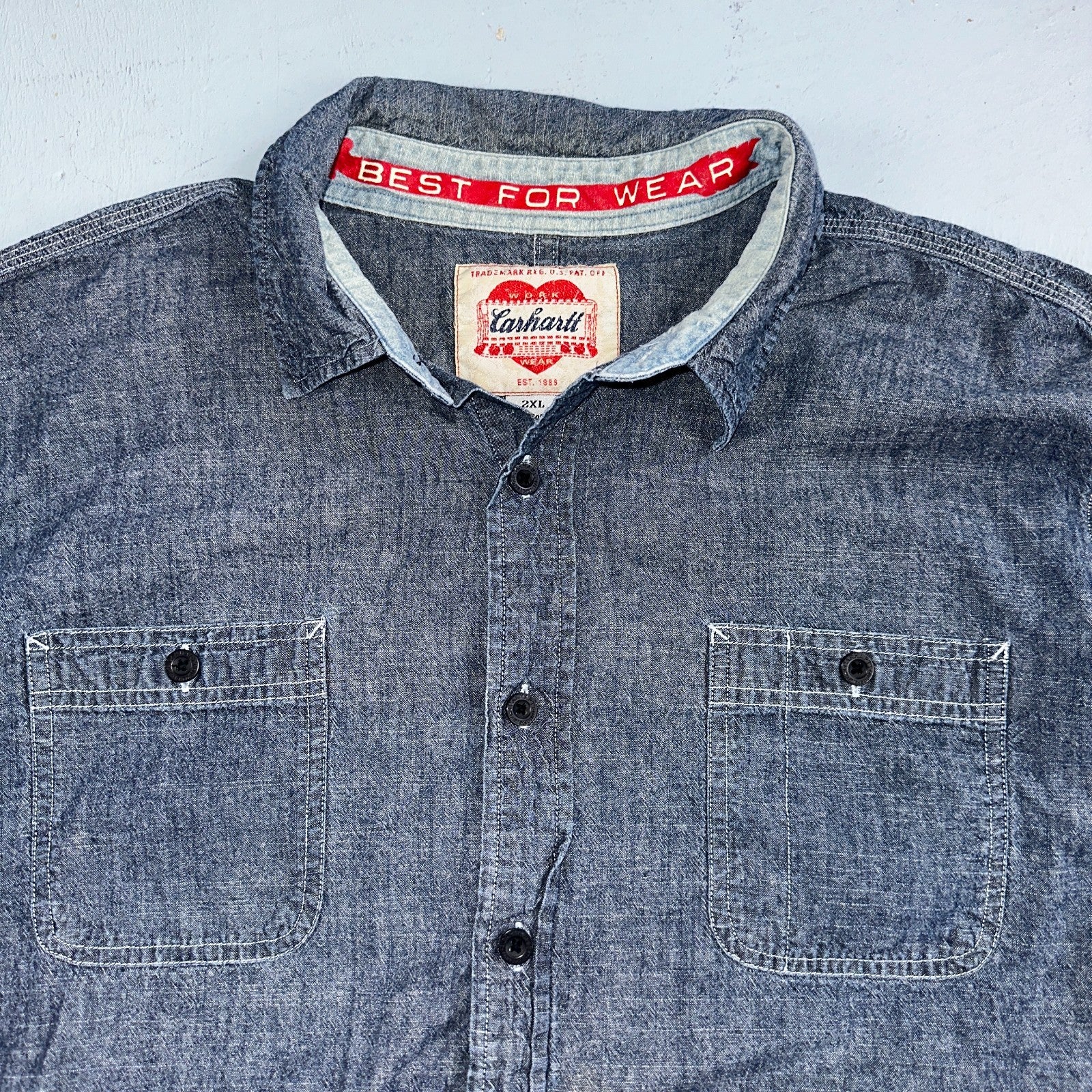 Carhartt Chambray Work Shirt VTG 2XL Demin Long Sleeve Button Up Heart Logo 60s