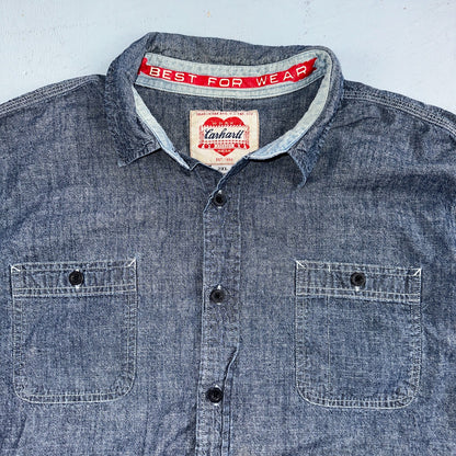 Carhartt Chambray Work Shirt VTG 2XL Demin Long Sleeve Button Up Heart Logo 60s