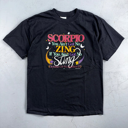 Scorpio Zing Sting Funny Text VTG T Shirt Moons Stars Signs Humor Joke Cute