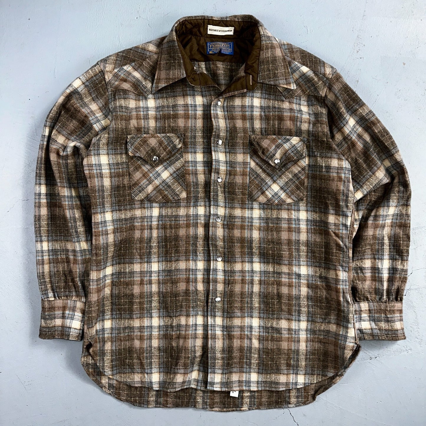 Pendleton VTG High Grade Western Wear Pearl Snap Wool Plaid Shirt Sz L Plaid 70s