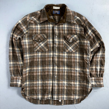Pendleton VTG High Grade Western Wear Pearl Snap Wool Plaid Shirt Sz L Plaid 70s