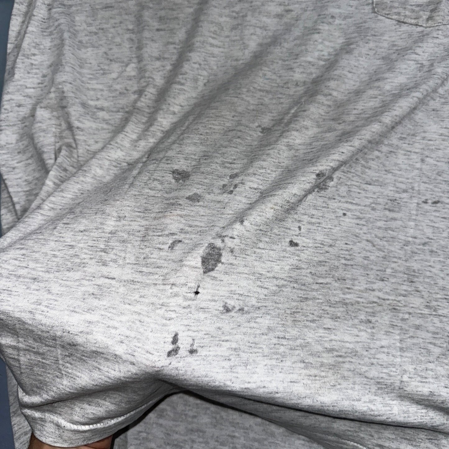 Oneita Pride In Print Designer VTG T Shirt Thrashed Hole Gray Pocket Chest Print