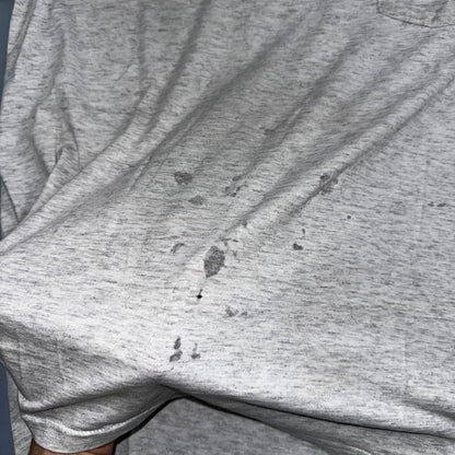 Oneita Pride In Print Designer VTG T Shirt Thrashed Hole Gray Pocket Chest Print