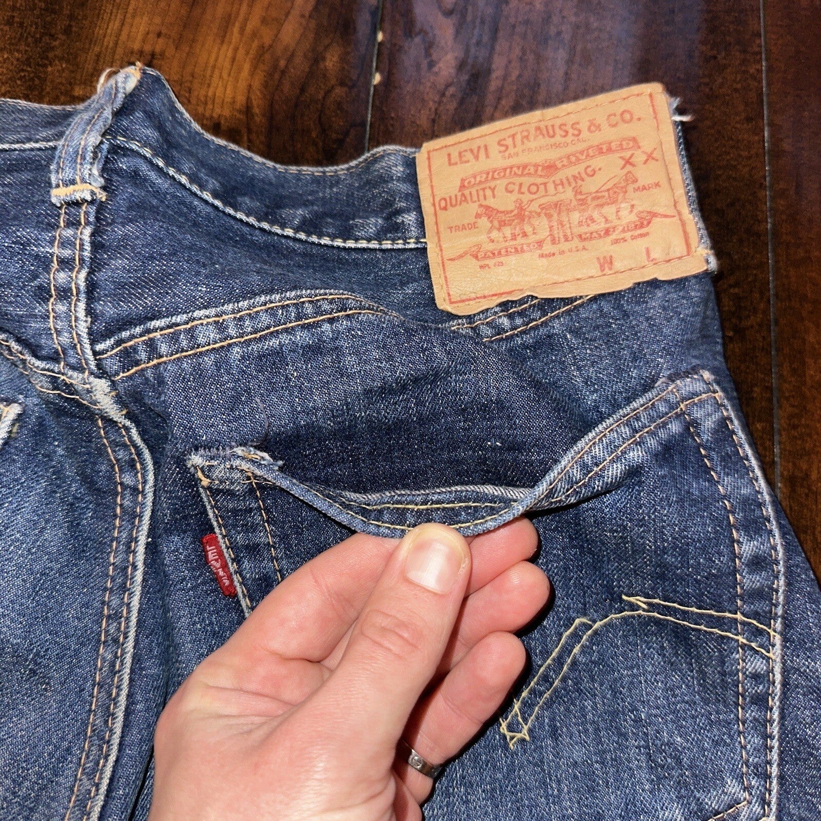 Levis 501 Big E VTG 60s Redline Denim Destroyed Jeans 1960s 28x28 Fringe Boot