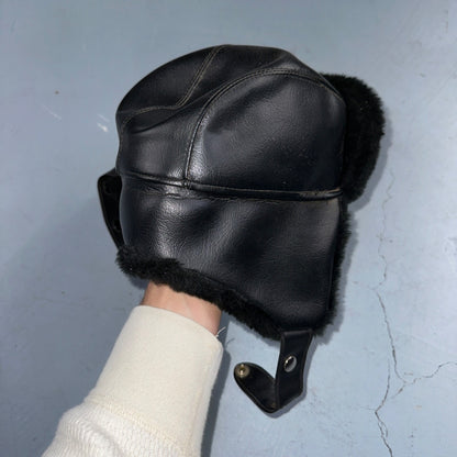 VTG Trooper Uszanka Hat Men’s Medium Black Ear Flaps Winter Unisex Aviator 80s