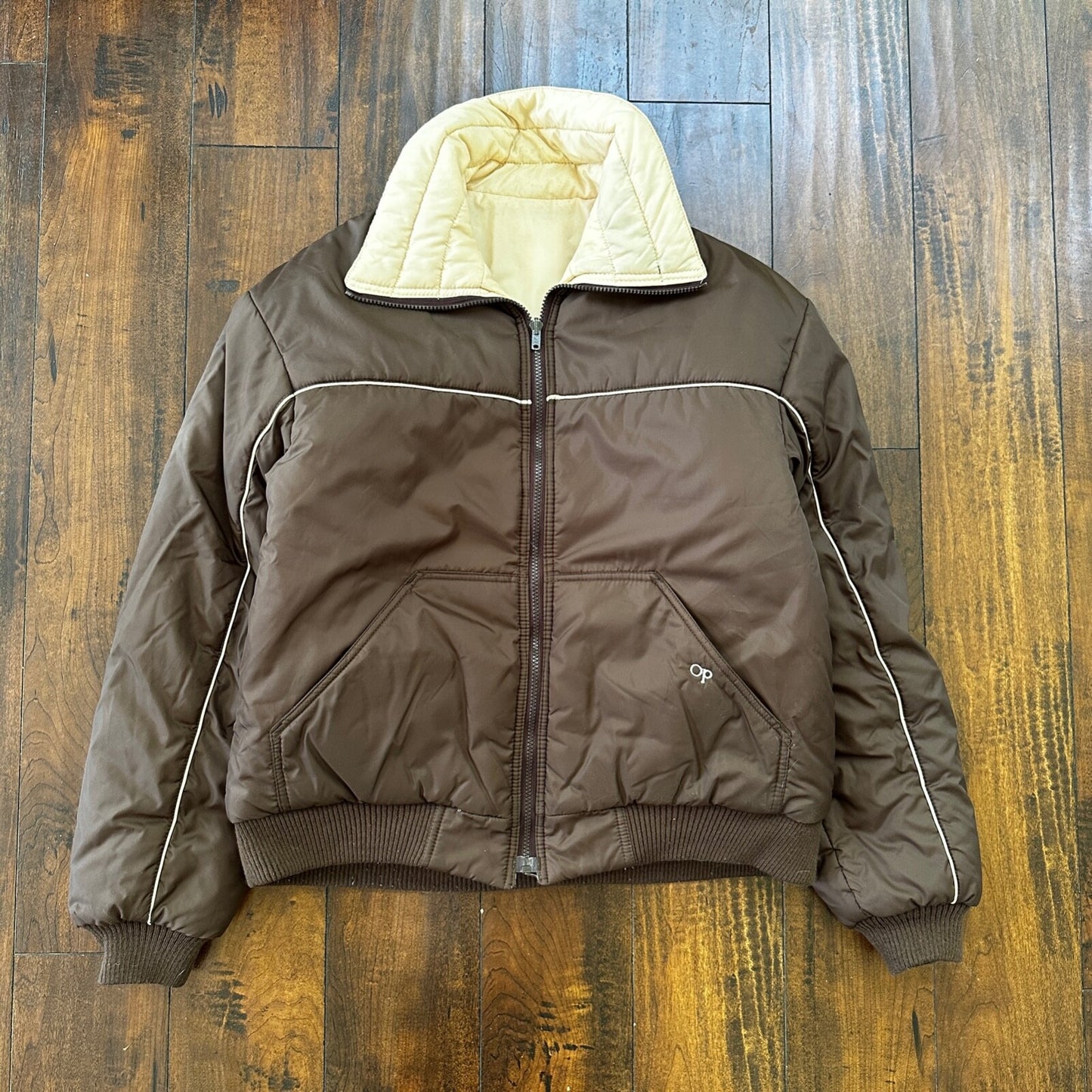 VTG Reversible Ocean Pacific Brown Insulated Puffer Jacket Double Sided 70s 80s