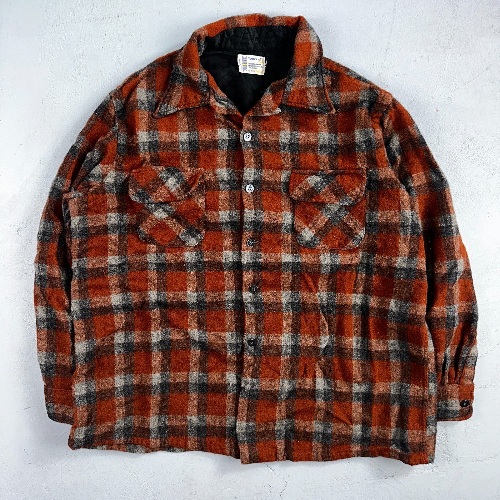 Vintage 60s 70s Towncraft Wool Flannel Blend Button Up Shirt Penneys XL Orange